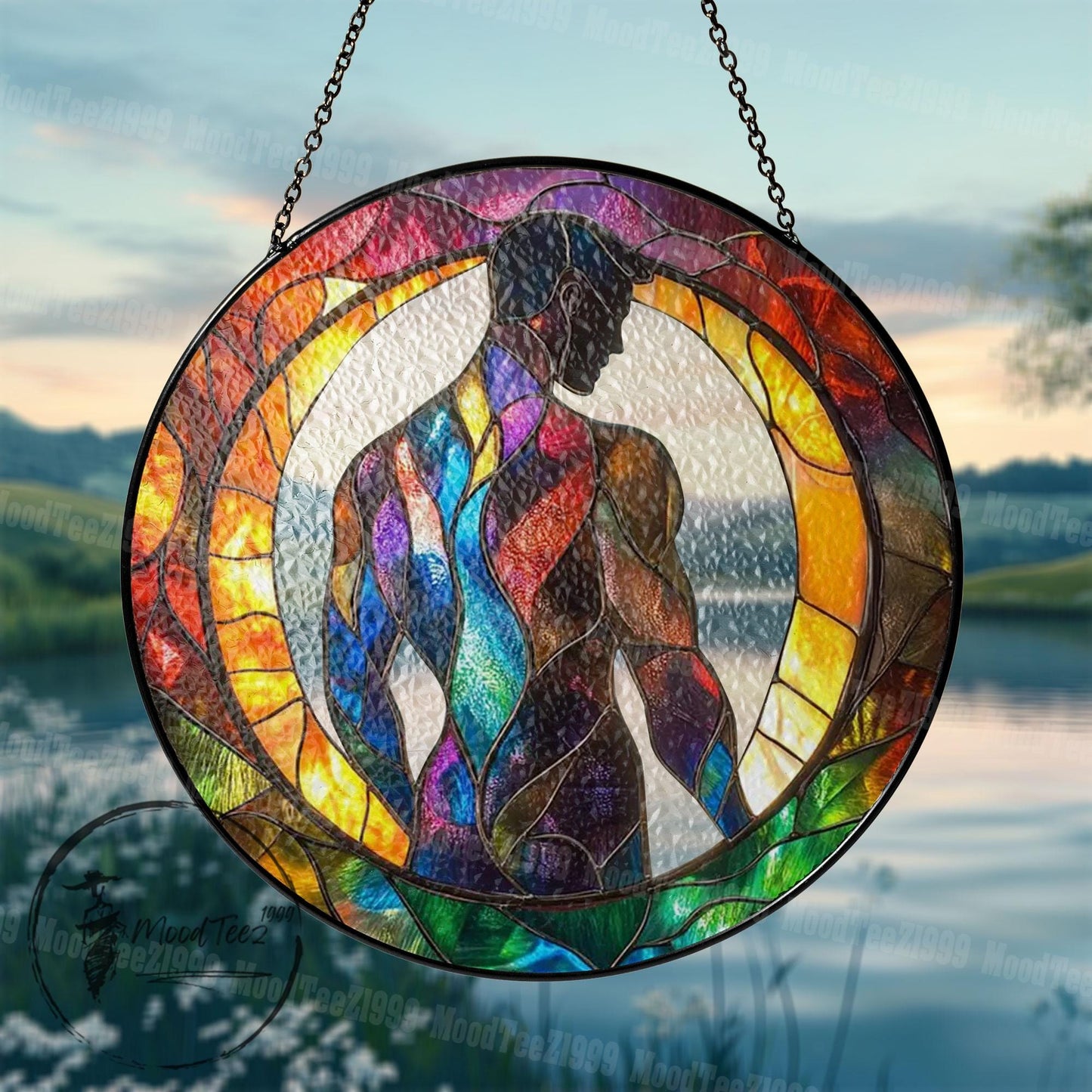 Abstract Male Figure Stained Glass Window Hanging, Modern Rainbow Body Art Suncatcher, LGBTQ Pride Decor, Colorful Masculine Gift