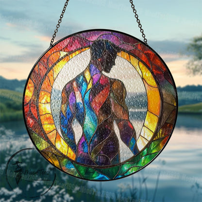 Abstract Male Figure Stained Glass Window Hanging, Modern Rainbow Body Art Suncatcher, LGBTQ Pride Decor, Colorful Masculine Gift