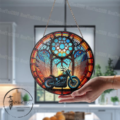 Motorcycle Stained Glass Window Hanging, Biker Angel Wings Suncatcher, Memorial Ride Decor, Unique Gift for Riders and Road Lovers