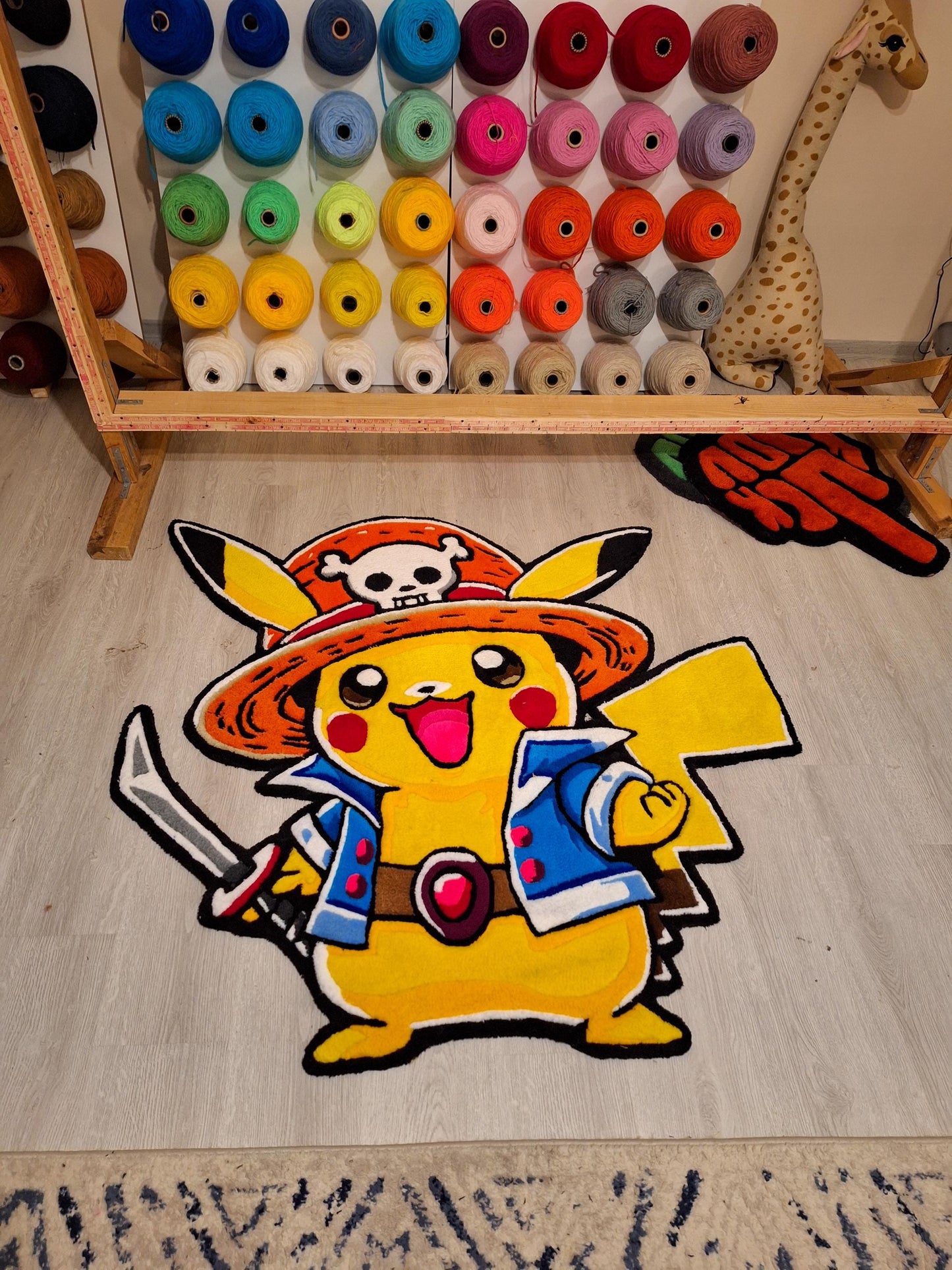 Handmade Tufted Anime Rug: Pikachu & One Piece Design - Monkey D. Pikachu