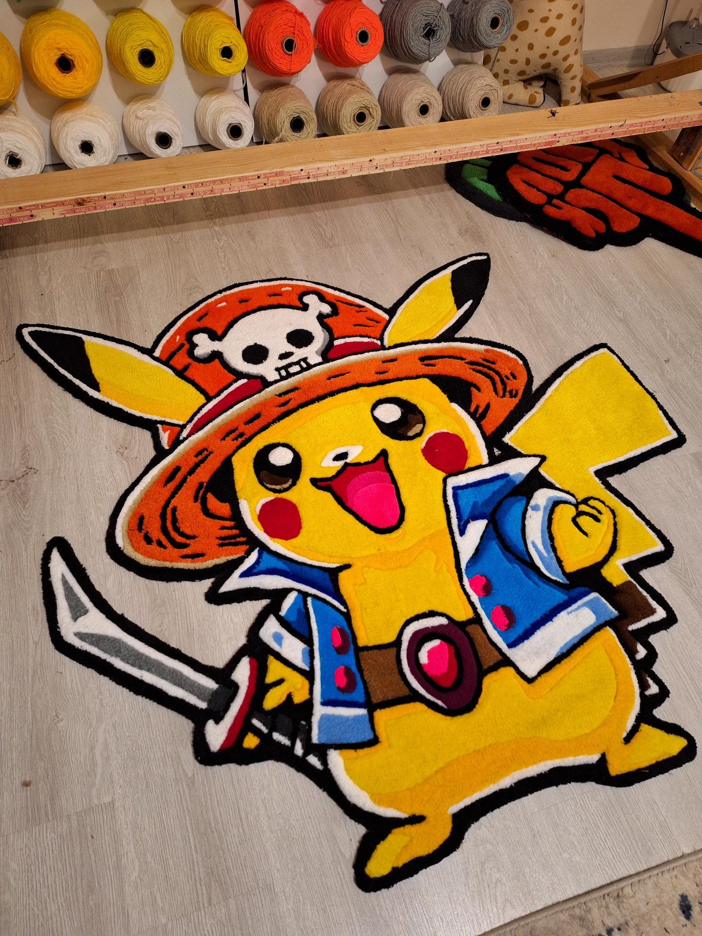 Handmade Tufted Anime Rug: Pikachu & One Piece Design - Monkey D. Pikachu