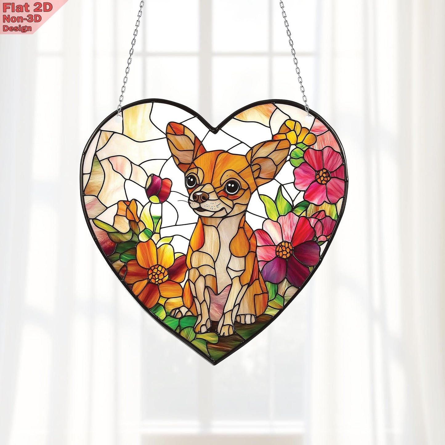 Chihuahua Dog Window Hanging, Acrylic 2D Flat Flower Ornament, Pet Lover Decor, Floral Dog Art, Gift for Dog Mom, Memorial Gift