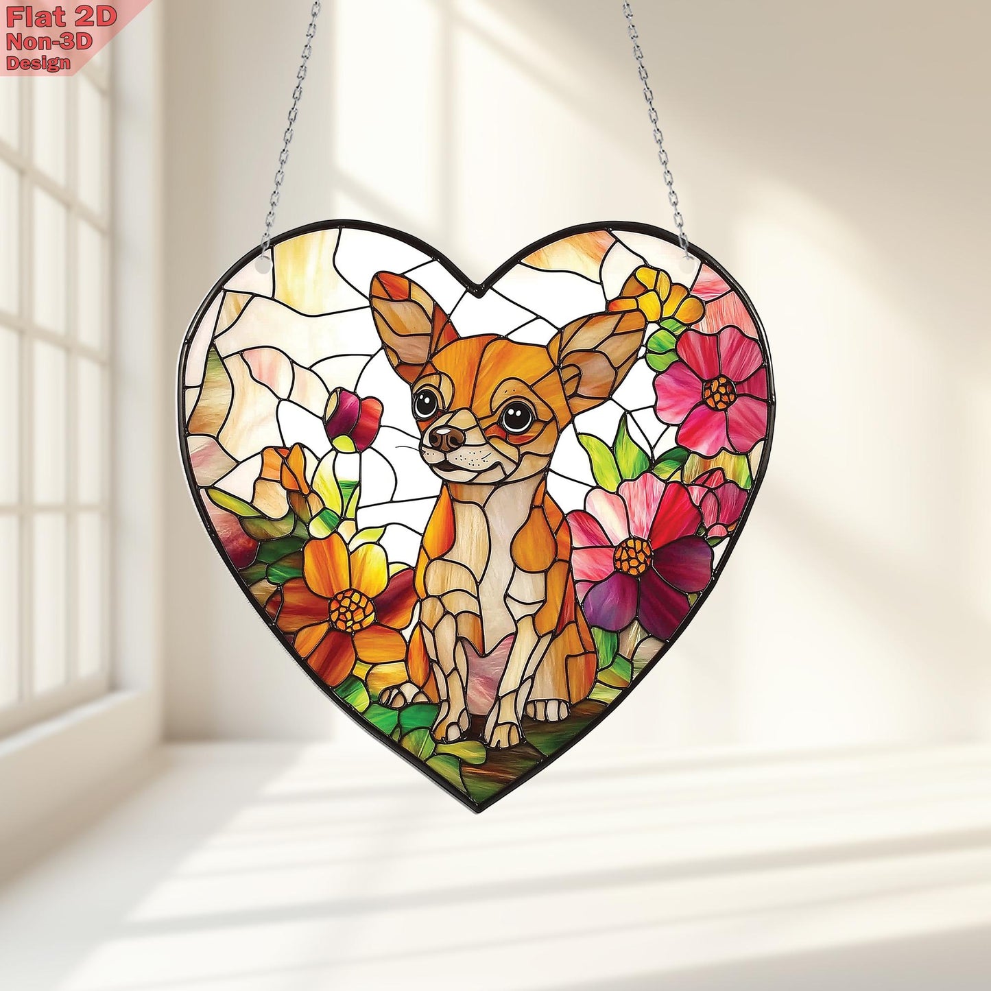 Chihuahua Dog Window Hanging, Acrylic 2D Flat Flower Ornament, Pet Lover Decor, Floral Dog Art, Gift for Dog Mom, Memorial Gift