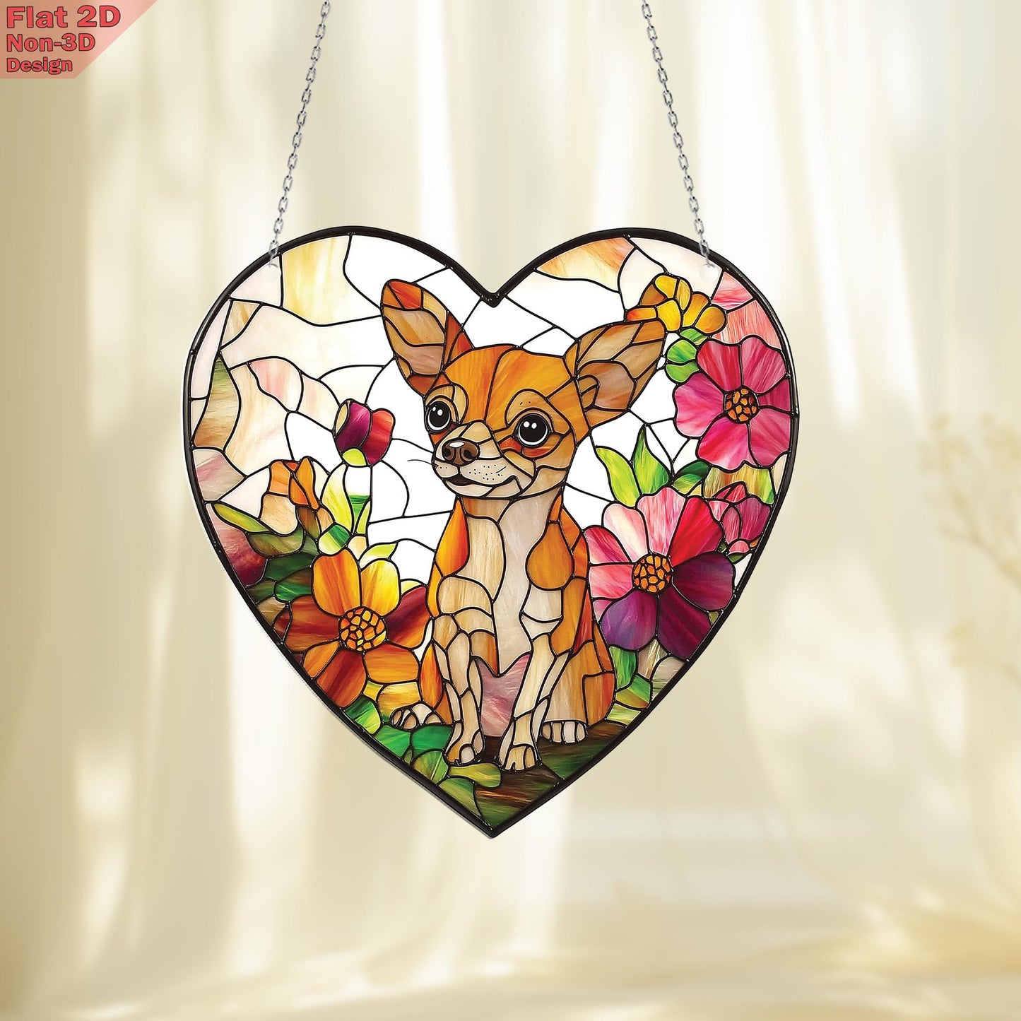 Chihuahua Dog Window Hanging, Acrylic 2D Flat Flower Ornament, Pet Lover Decor, Floral Dog Art, Gift for Dog Mom, Memorial Gift