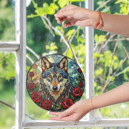 Wolf Stained Glass Suncatcher with Red Roses Animal Window Hanging Gift for Nature Lover