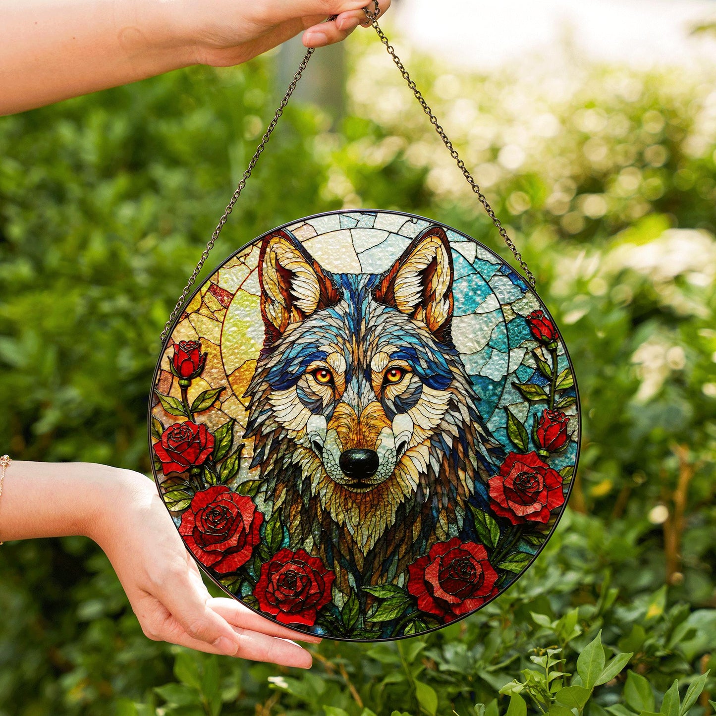 Wolf Stained Glass Suncatcher with Red Roses Animal Window Hanging Gift for Nature Lover