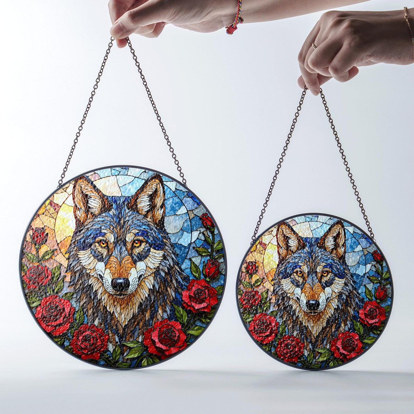 Wolf Stained Glass Suncatcher with Red Roses Animal Window Hanging Gift for Nature Lover