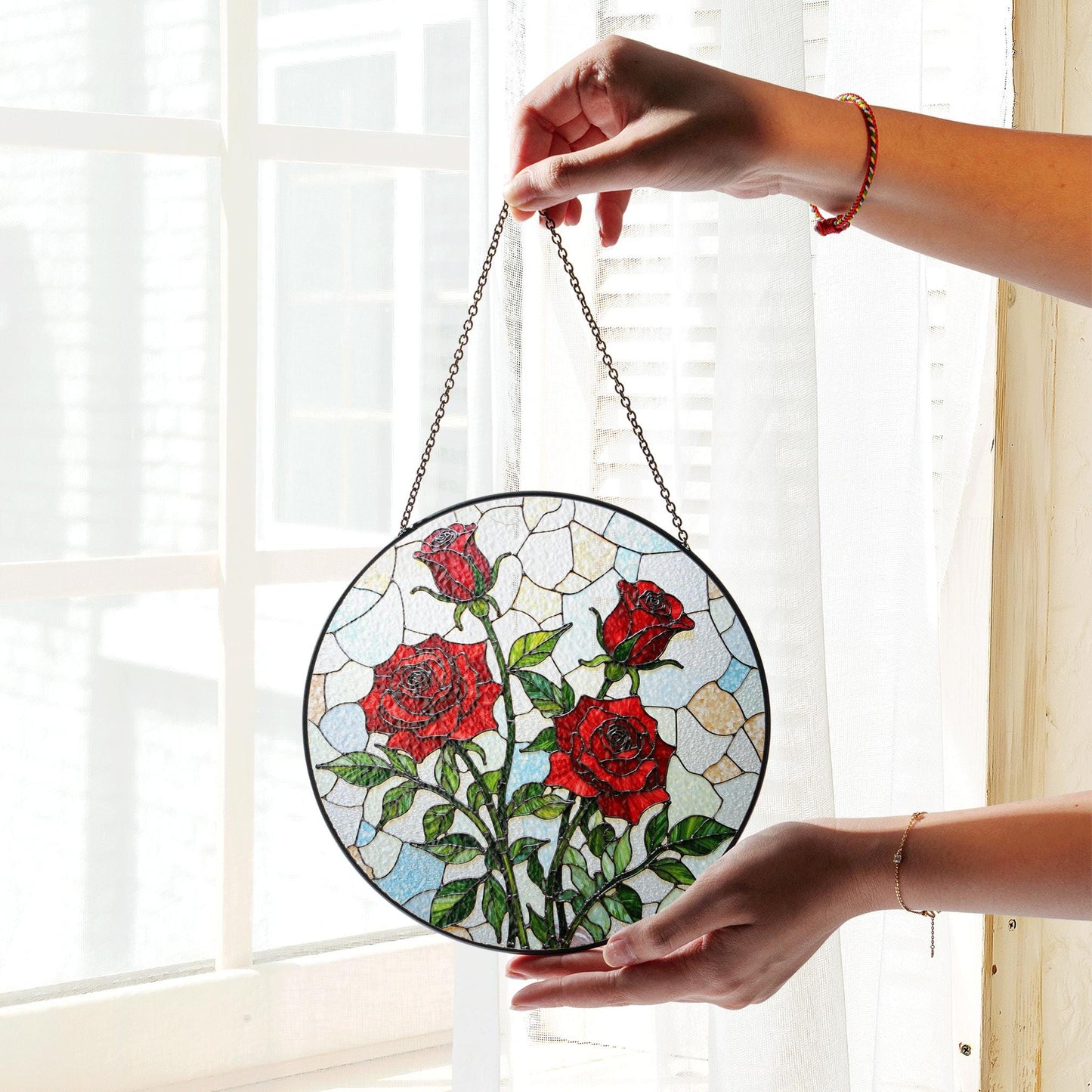 Red Rose Art Glass Window Hanging Stained Glass Suncatcher Gift for Mom Friend or Garden Lover