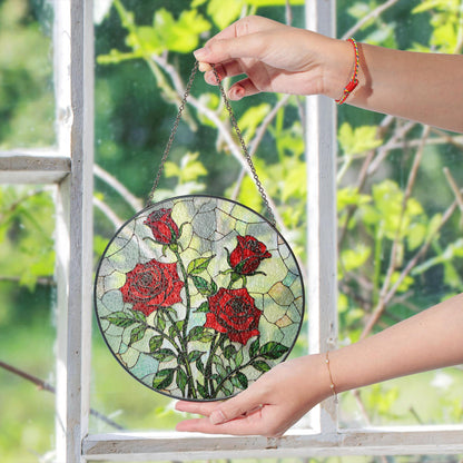 Red Rose Art Glass Window Hanging Stained Glass Suncatcher Gift for Mom Friend or Garden Lover