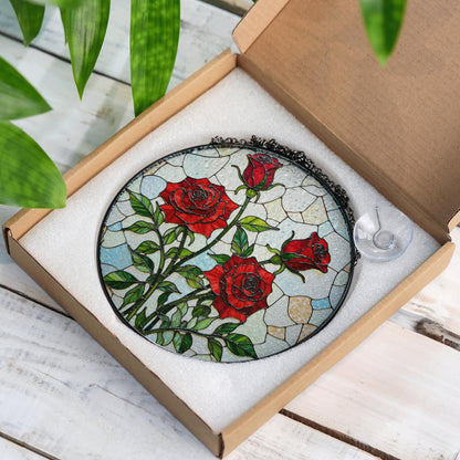 Red Rose Art Glass Window Hanging Stained Glass Suncatcher Gift for Mom Friend or Garden Lover