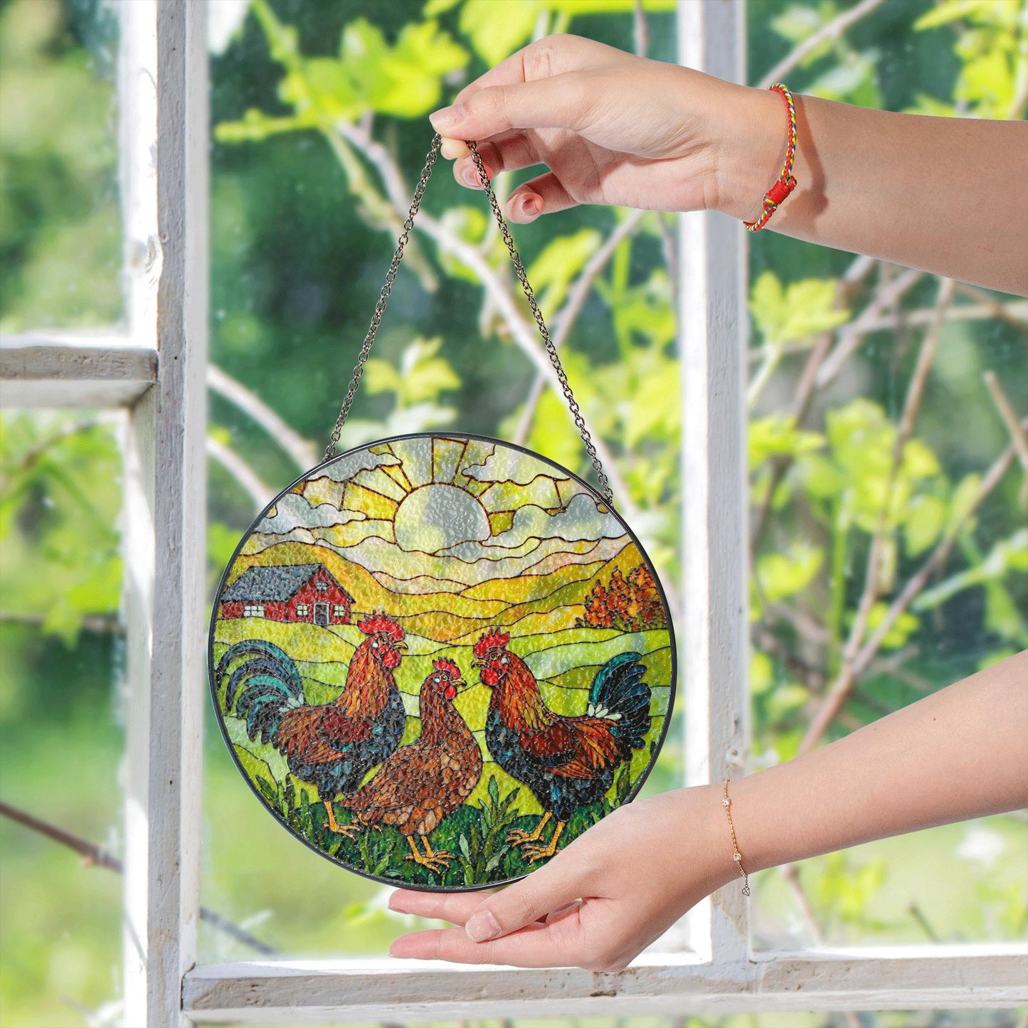 Roosters Hens Farmhouse Scene Round Stained Glass Suncatcher Gift for Chicken Lovers