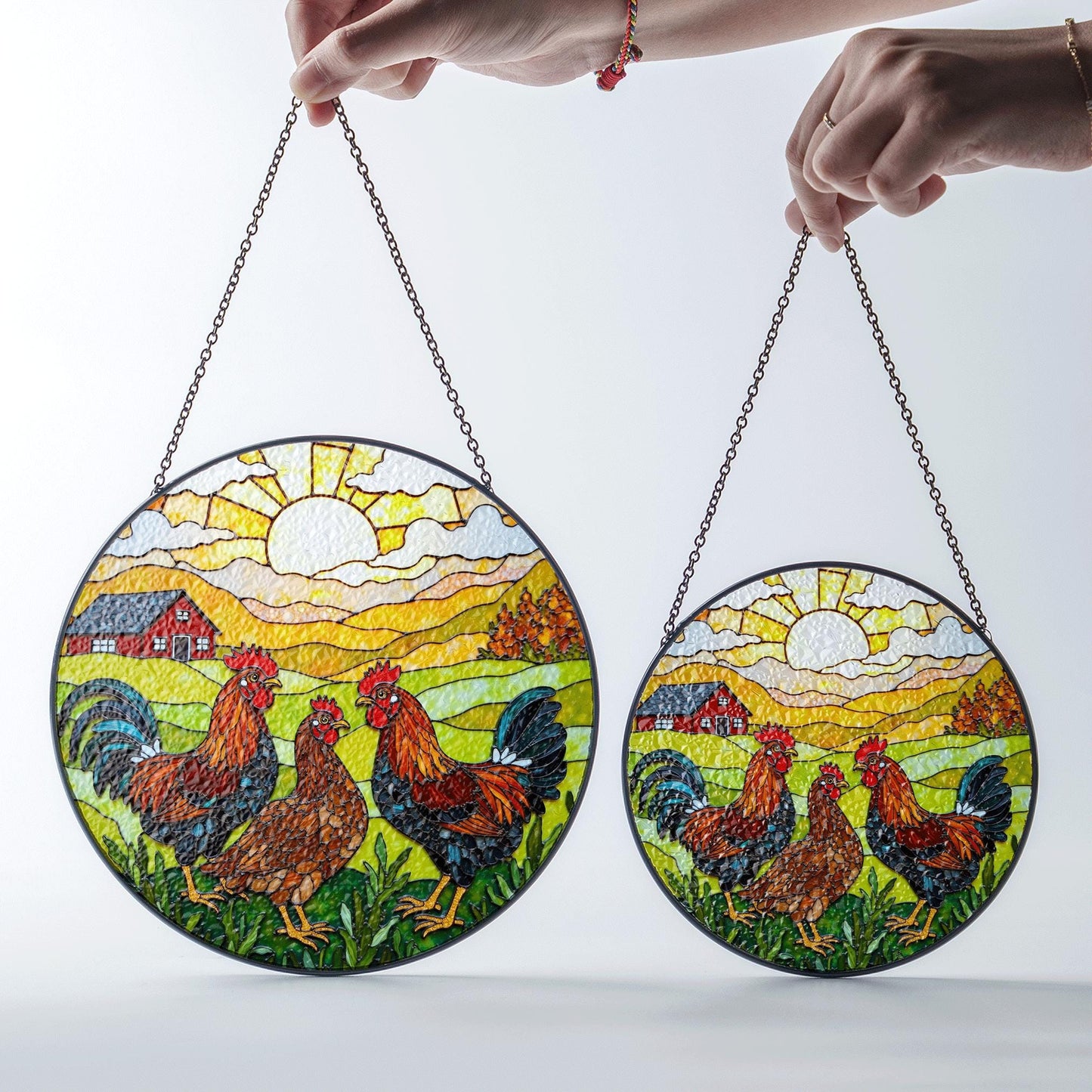 Roosters Hens Farmhouse Scene Round Stained Glass Suncatcher Gift for Chicken Lovers