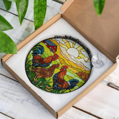 Roosters Hens Farmhouse Scene Round Stained Glass Suncatcher Gift for Chicken Lovers