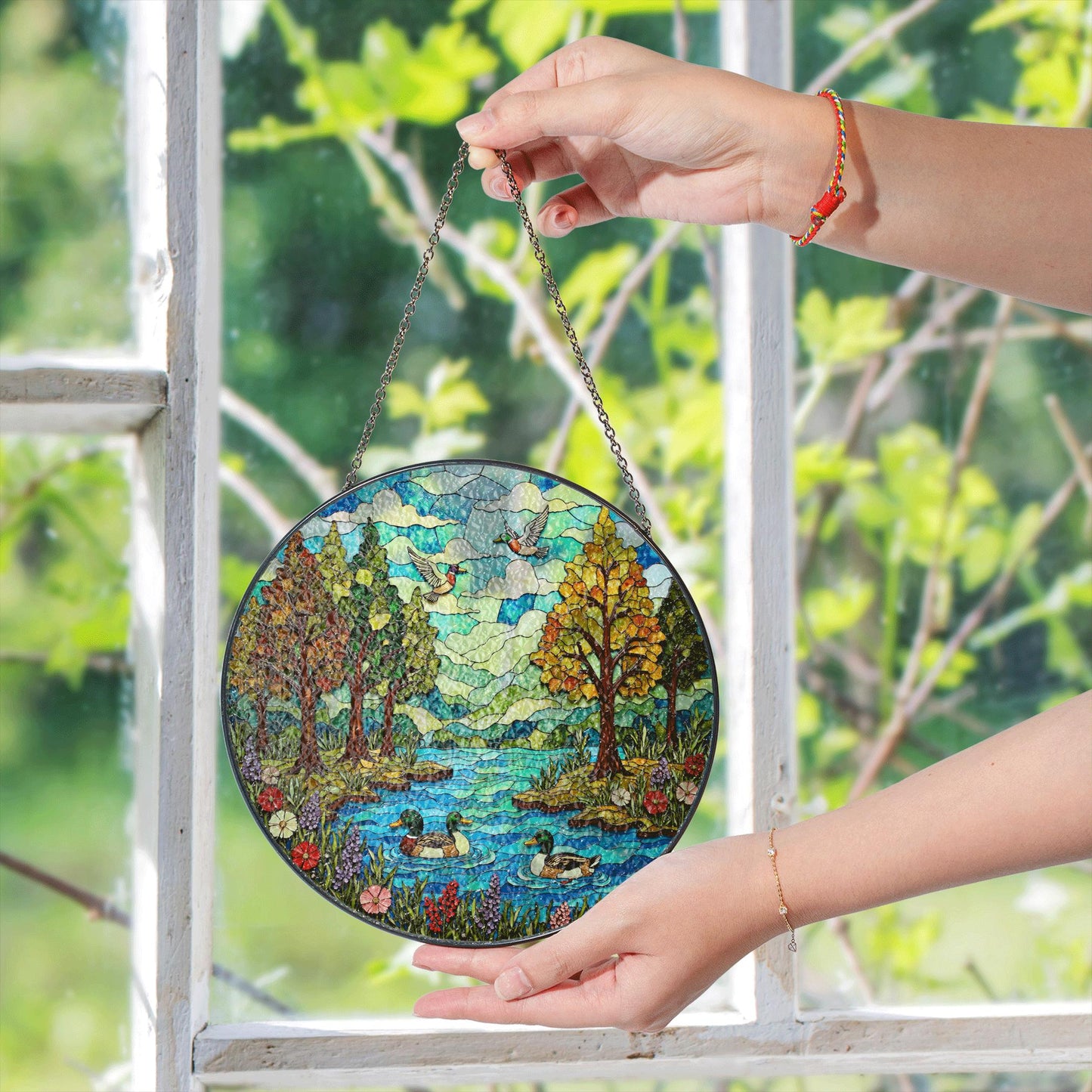 Forest River Ducks Stained Glass Style Round Suncatcher Gift for Mom