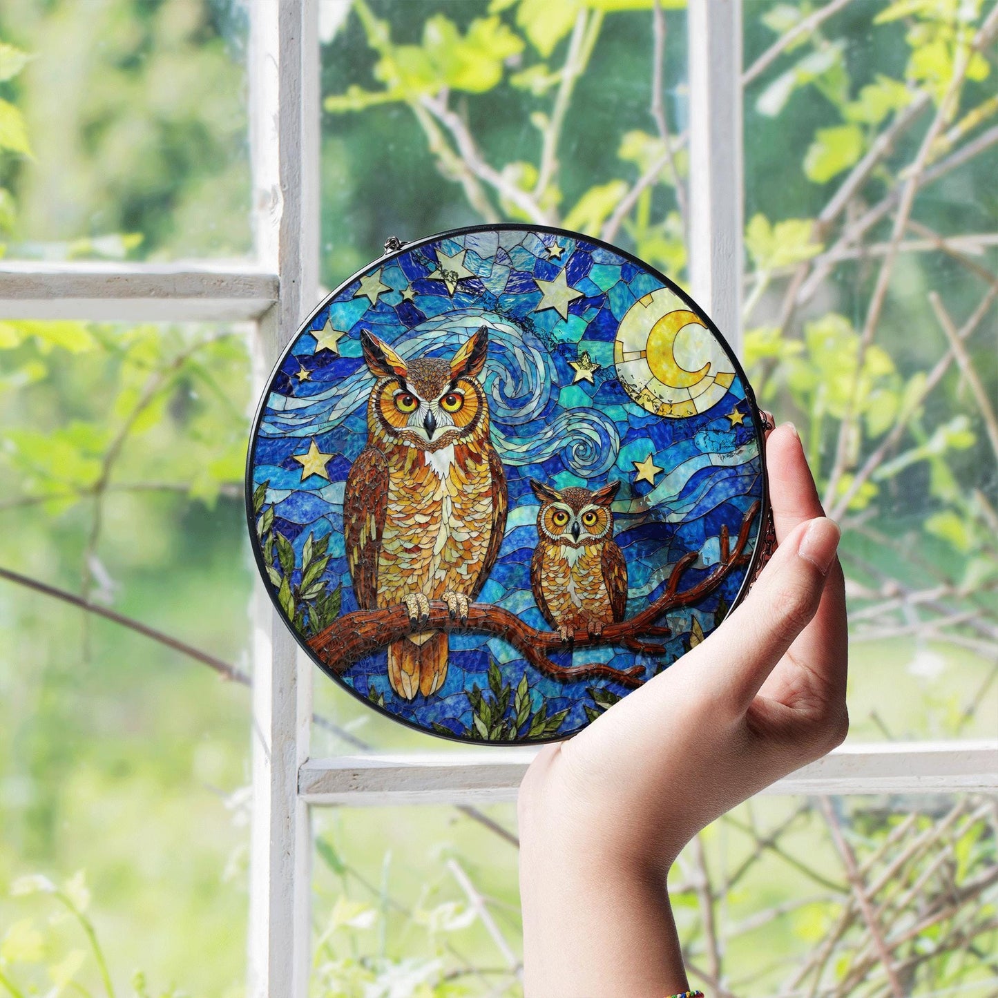 Starry Night Owl Moon Tree Suncatcher Window Hanging Gift for Mom