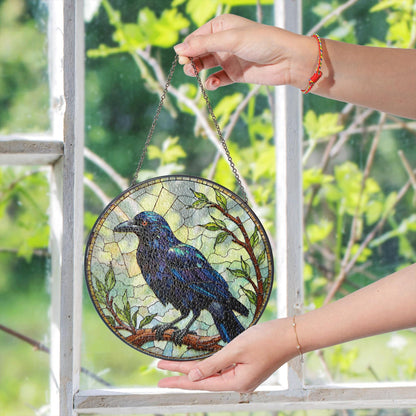 Stained Glass Raven Art Suncatcher Gothic Window Decor Gift For Bird Lovers