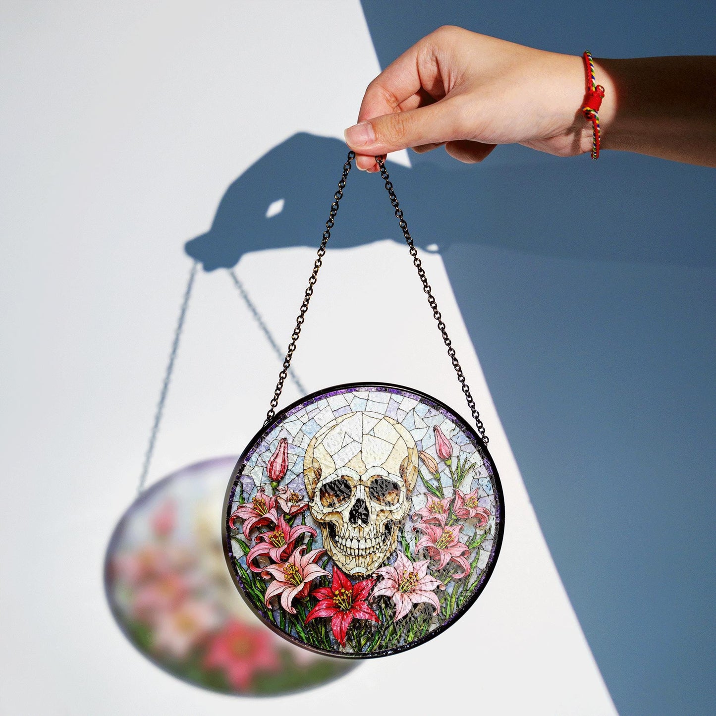 Skull Surrounded by Lilies Gothic Stained Glass Suncatcher Gift for Halloween Lovers