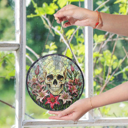 Skull Surrounded by Lilies Gothic Stained Glass Suncatcher Gift for Halloween Lovers