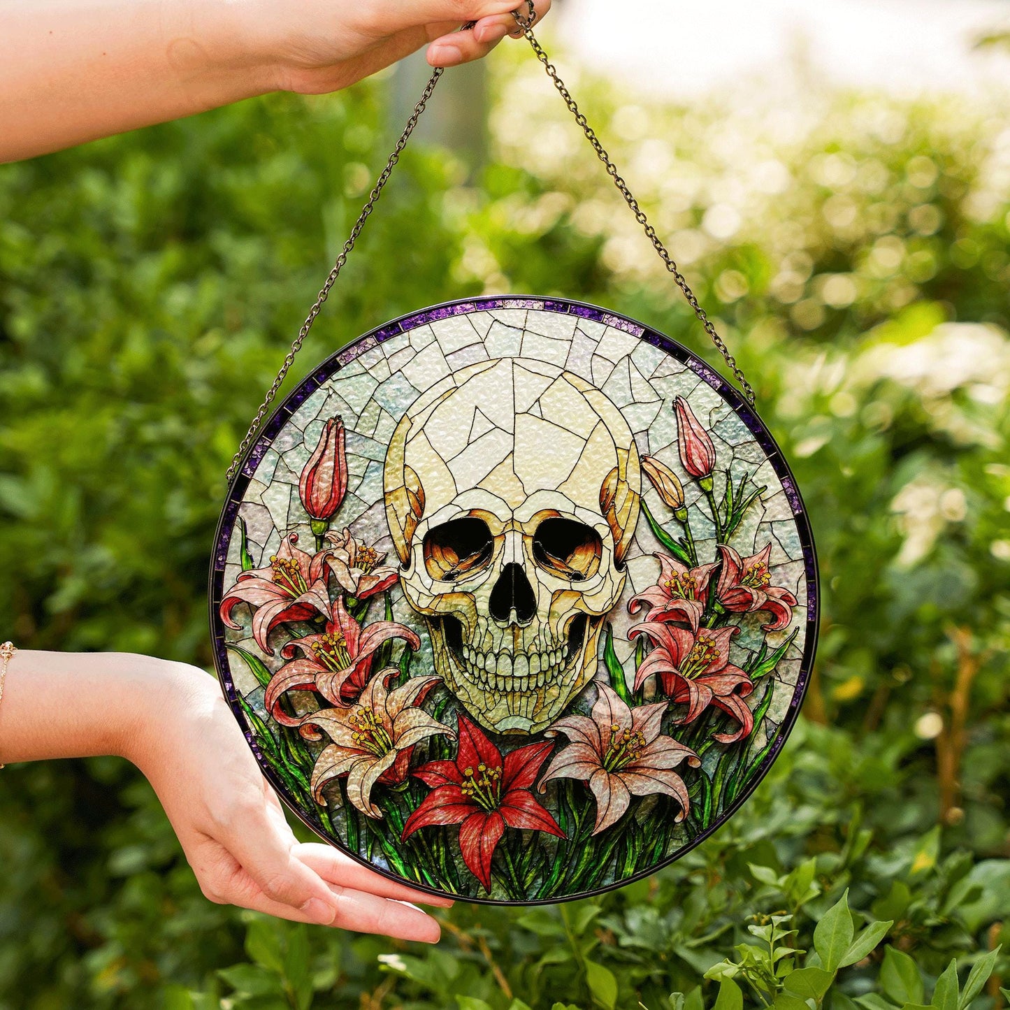 Skull Surrounded by Lilies Gothic Stained Glass Suncatcher Gift for Halloween Lovers