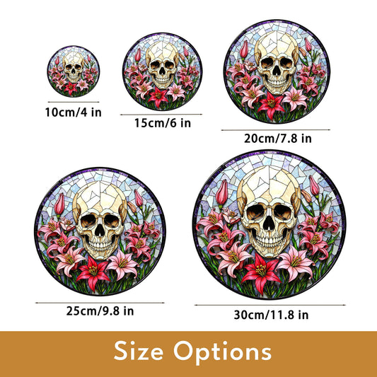 Skull Surrounded by Lilies Gothic Stained Glass Suncatcher Gift for Halloween Lovers