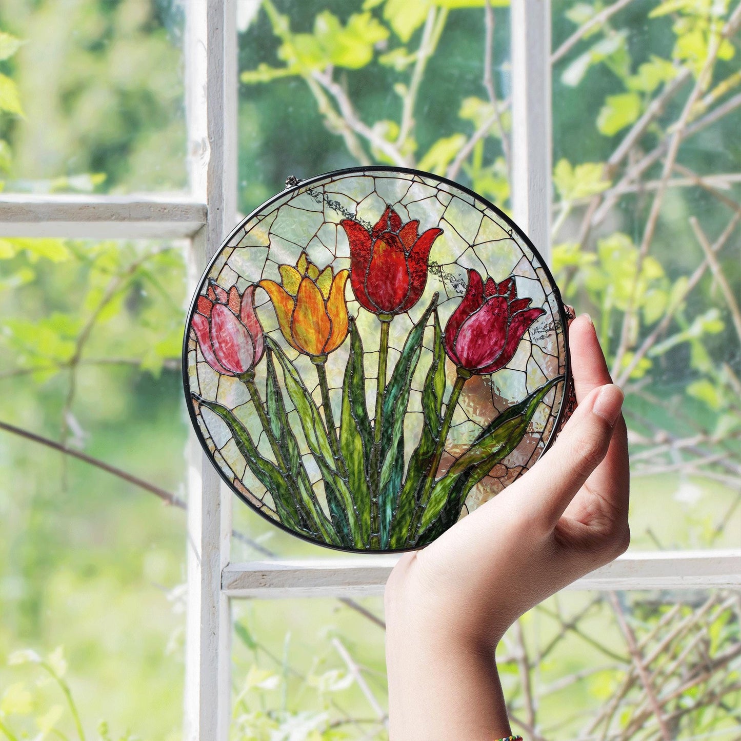 Stained Glass Tulip Round Panel Suncatcher Handmade Floral Window Decor Gift for Mom