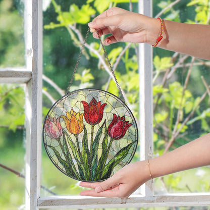 Stained Glass Tulip Round Panel Suncatcher Handmade Floral Window Decor Gift for Mom