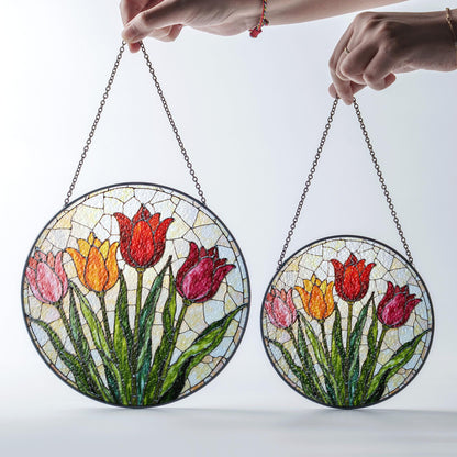Stained Glass Tulip Round Panel Suncatcher Handmade Floral Window Decor Gift for Mom