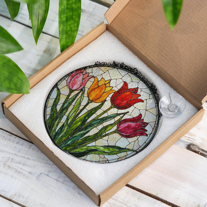 Stained Glass Tulip Round Panel Suncatcher Handmade Floral Window Decor Gift for Mom