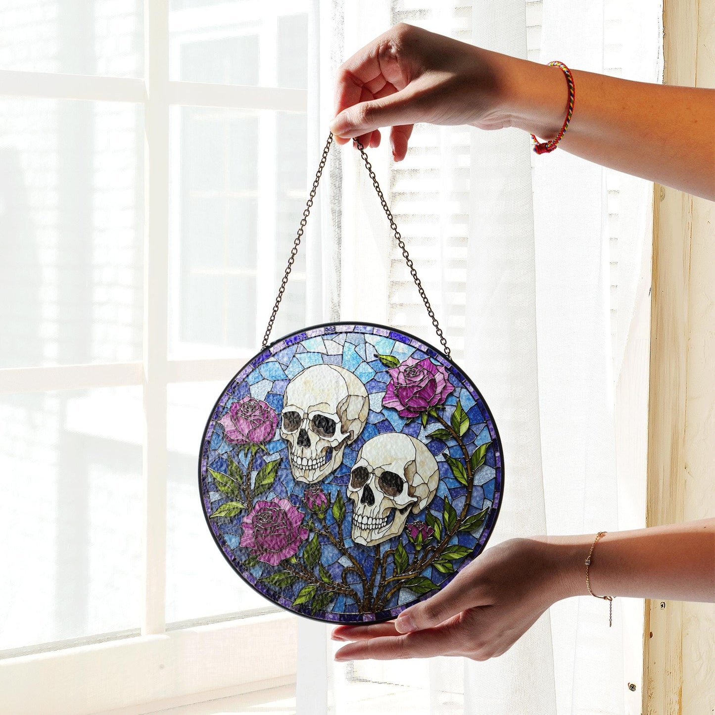 Skull Rose Stained Glass Suncatcher Gothic Window Decor Unique Gift for Alternative Friend