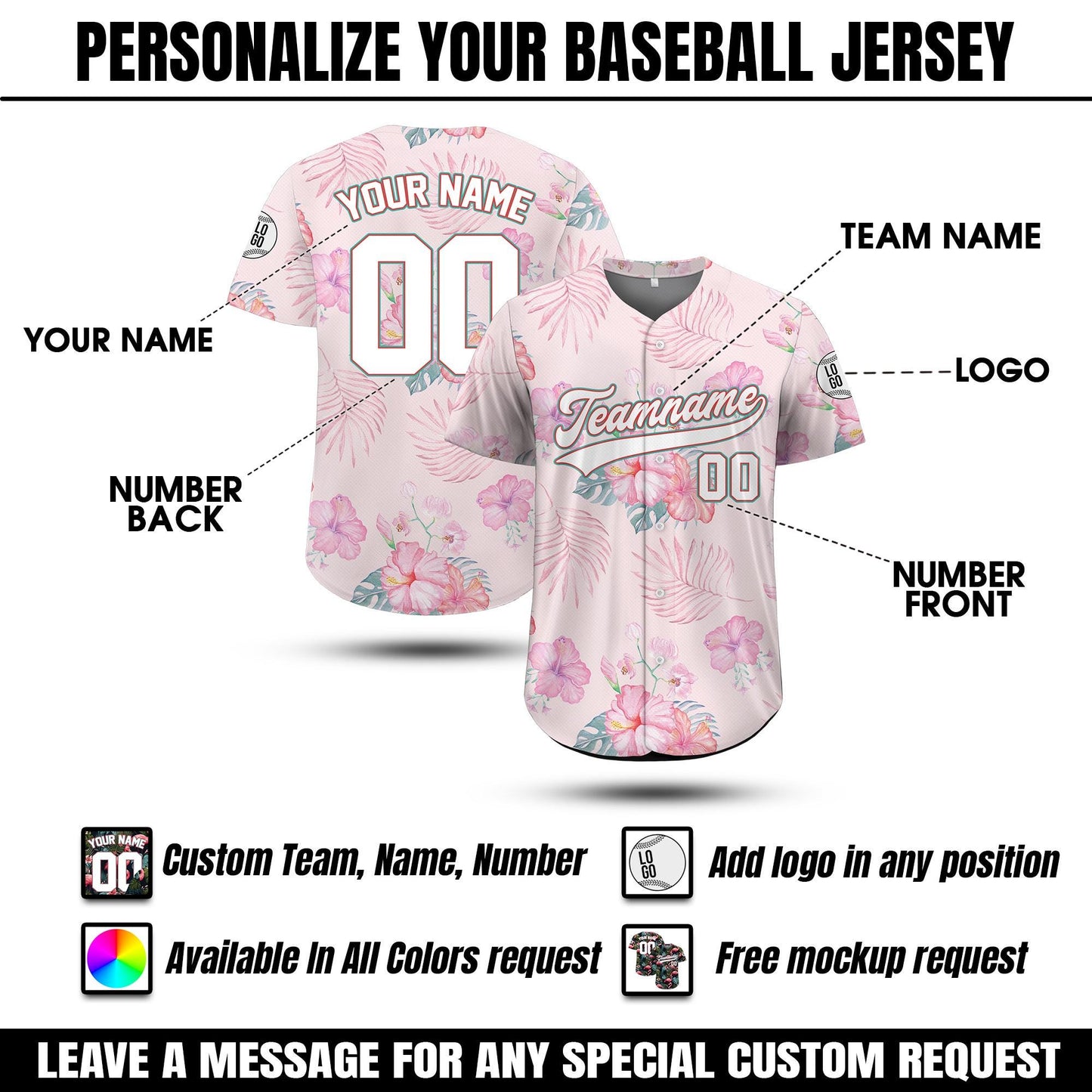 Custom Hawaiian Baseball Jersey with Team Name Number, Personalized Hawaii Floral Shirt for Men Women Youth Preschool, Bachelor Party Shirt