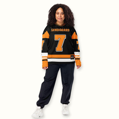 Unisex Oversized Racing Hockey Jersey– Black and Orange IndyCar-Inspired Hockey Jersey with Racing Number 7