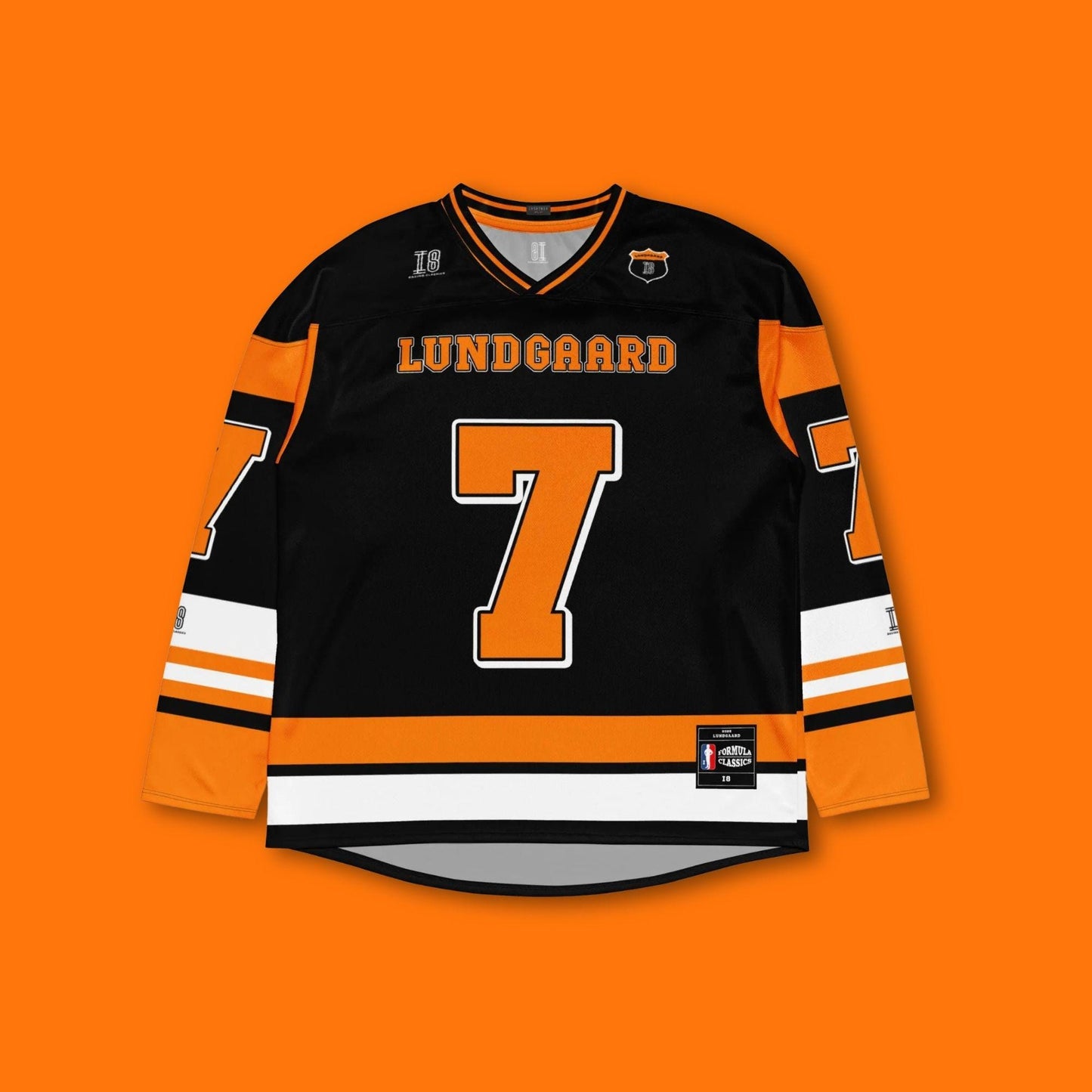 Unisex Oversized Racing Hockey Jersey– Black and Orange IndyCar-Inspired Hockey Jersey with Racing Number 7