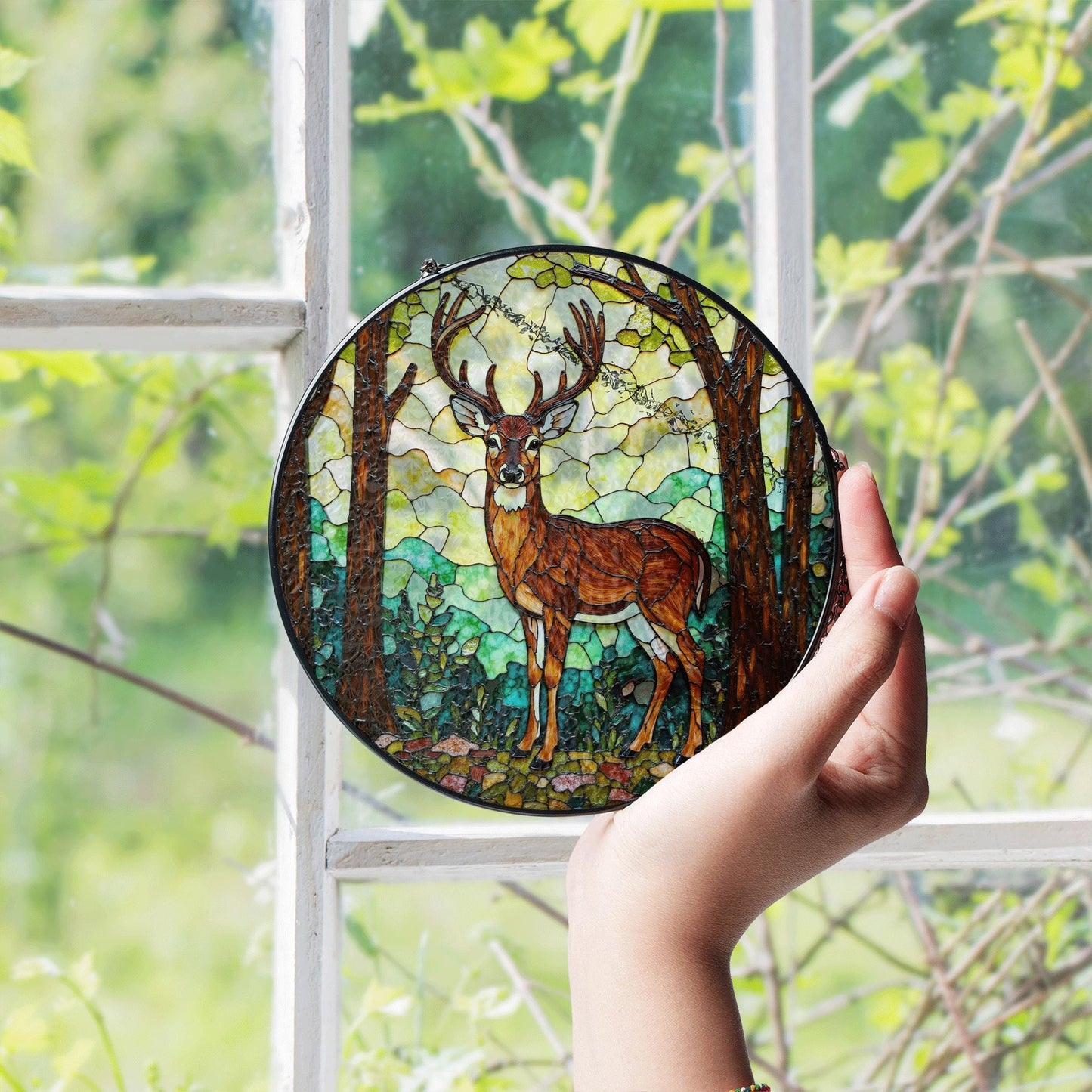 Majestic deer in forest stained glass suncatcher woodland window decor gift for husband