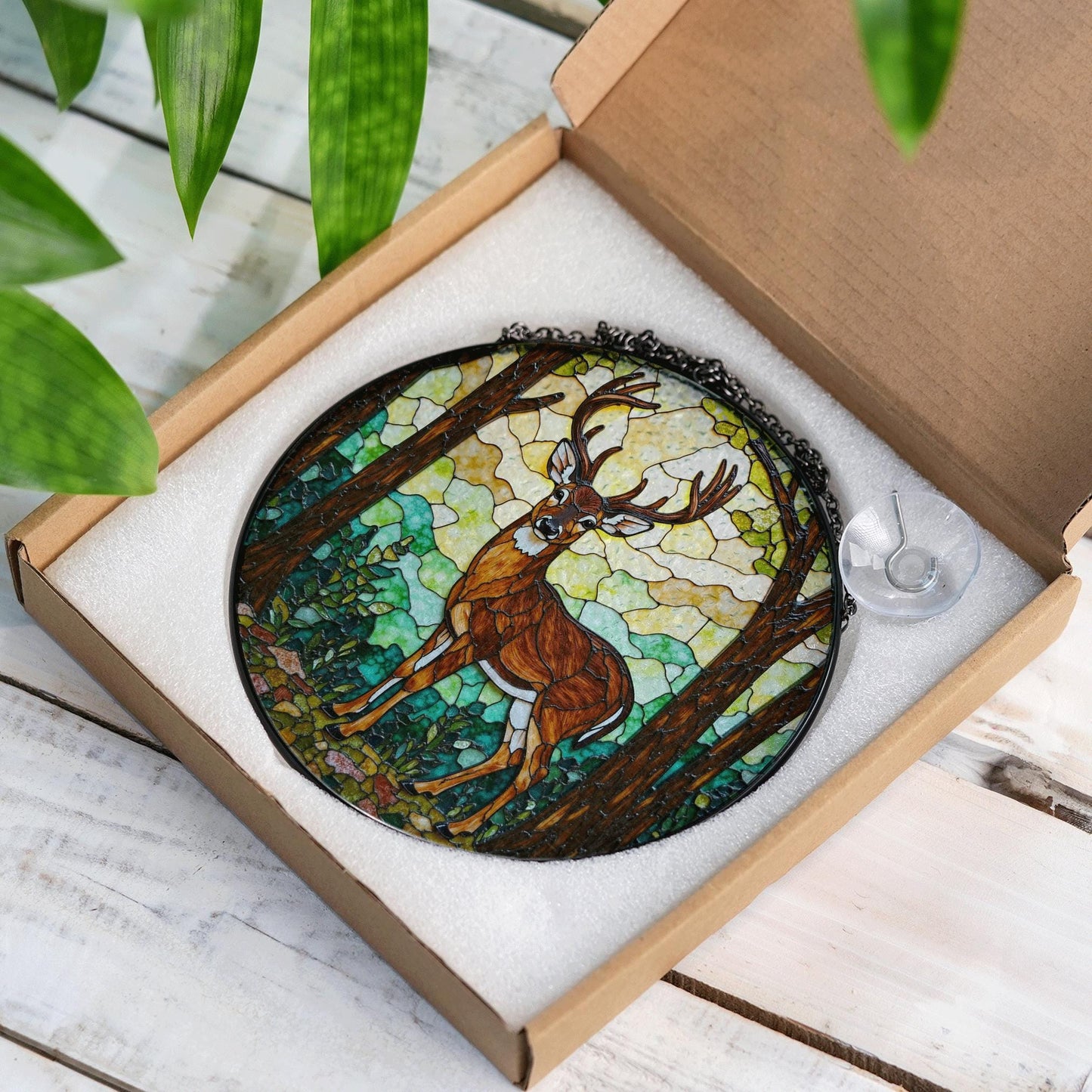 Majestic deer in forest stained glass suncatcher woodland window decor gift for husband