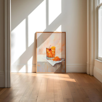 Old Fashioned Cocktail & Cheese Crunch Print: Quirky Bar Cart Wall Art