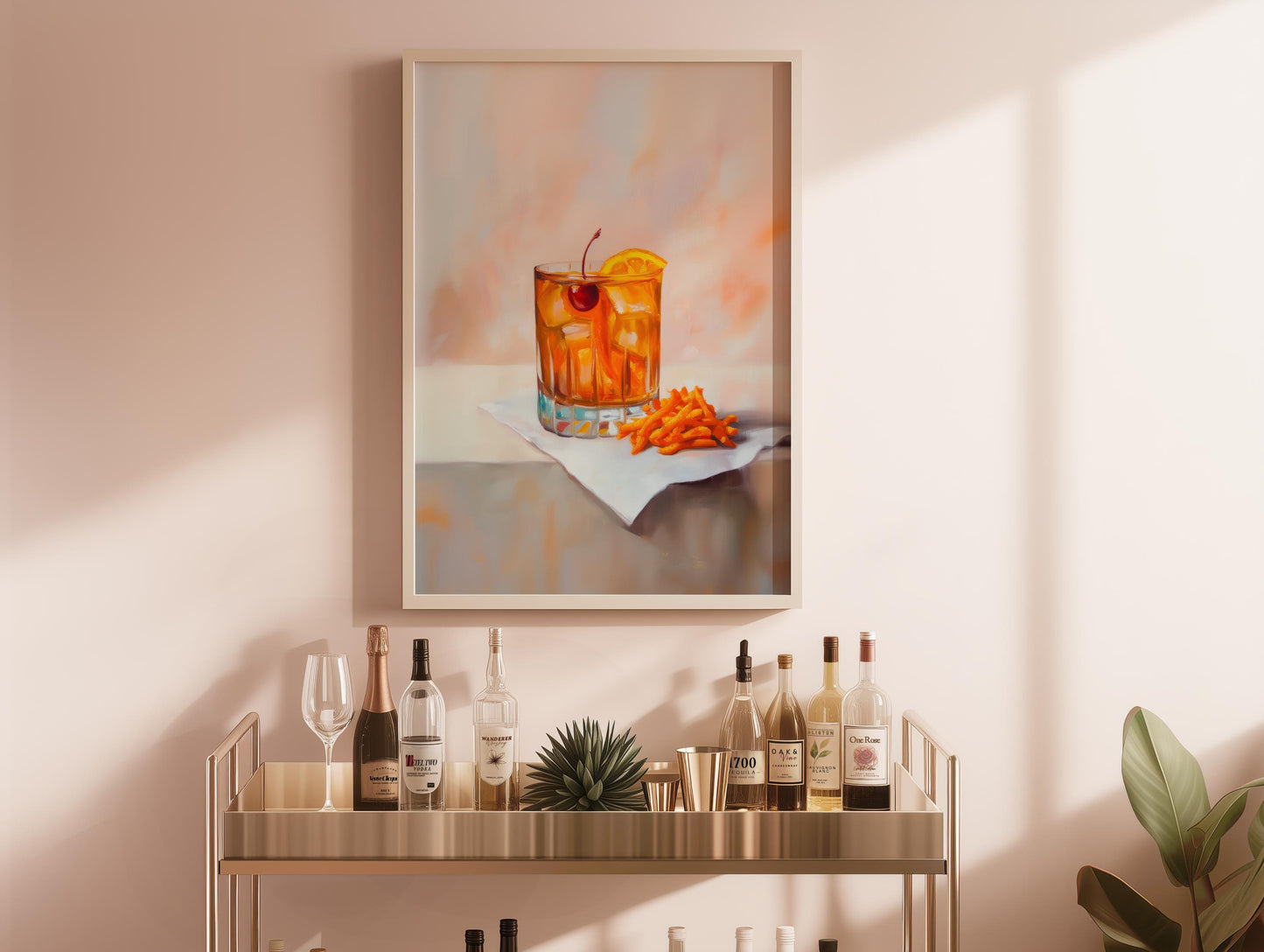 Old Fashioned Cocktail & Cheese Crunch Print: Quirky Bar Cart Wall Art