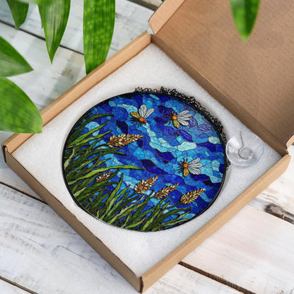 Bees and Wildflowers Blue Stained Glass Suncatcher Window Decor Gift for Nature Lover