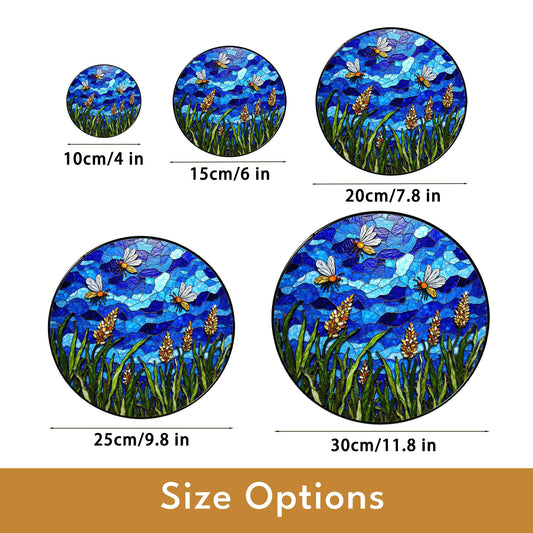 Bees and Wildflowers Blue Stained Glass Suncatcher Window Decor Gift for Nature Lover