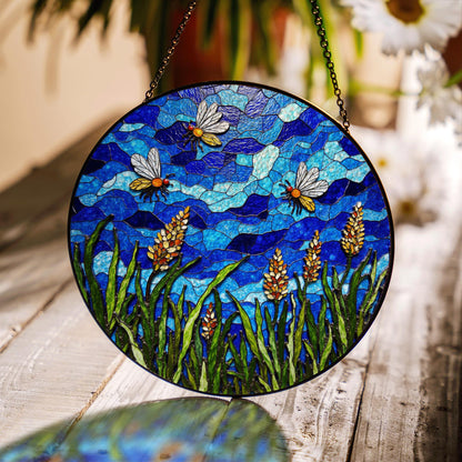 Bees and Wildflowers Blue Stained Glass Suncatcher Window Decor Gift for Nature Lover