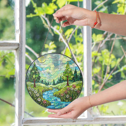 Scenic Forest River Landscape Stained Glass Suncatcher Window Hanging Gift for Nature Lovers