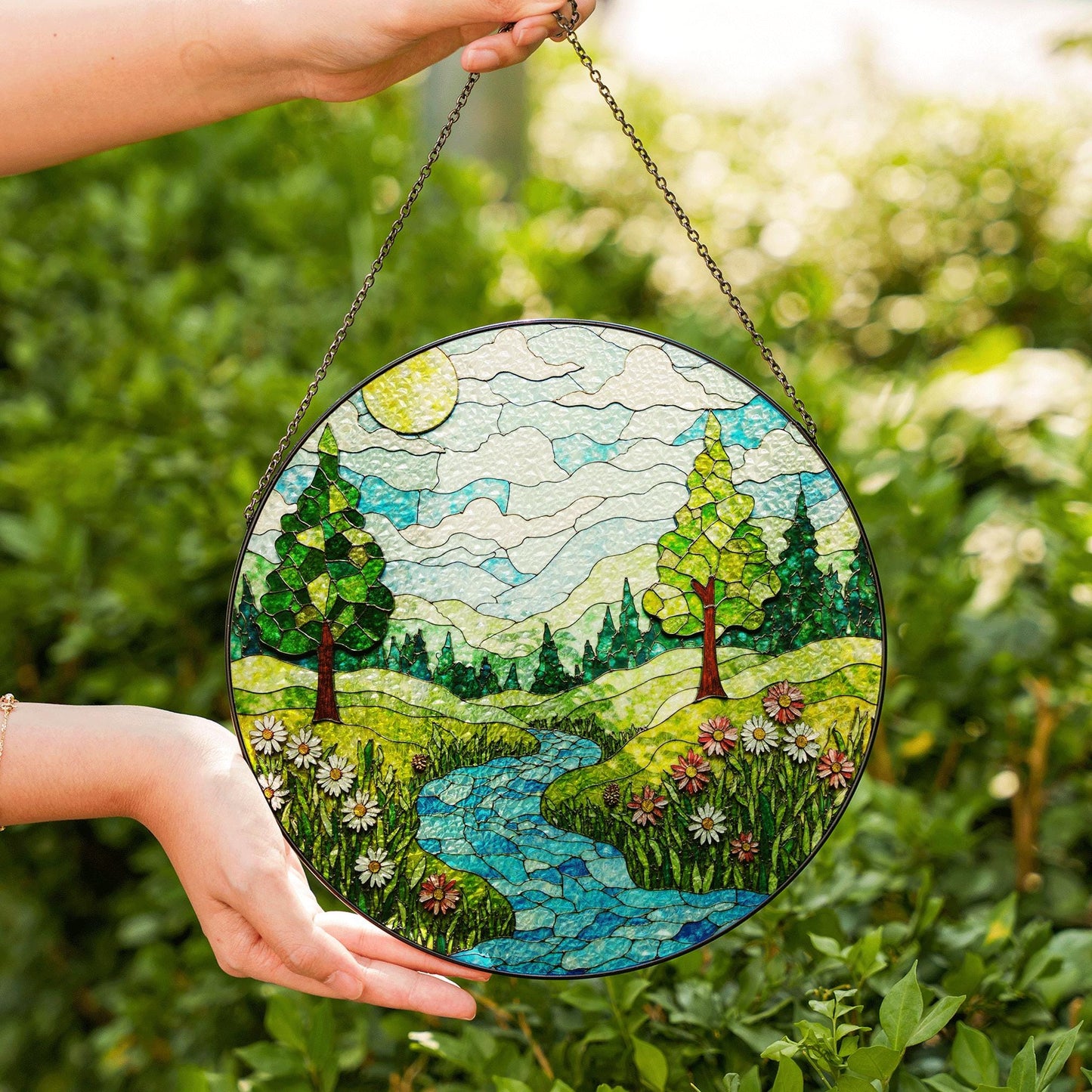 Scenic Forest River Landscape Stained Glass Suncatcher Window Hanging Gift for Nature Lovers