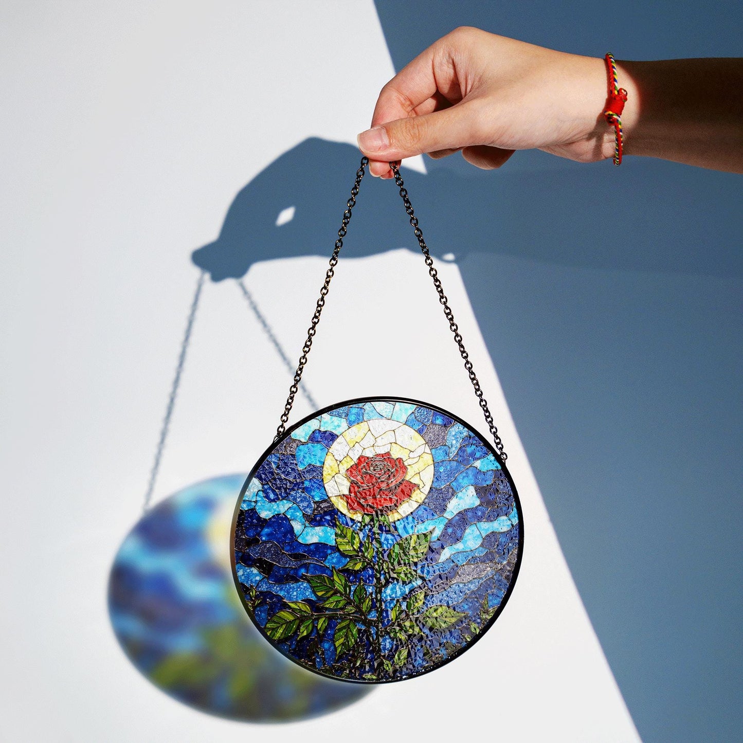 Red Rose with Moonlight Stained Glass Suncatcher Window Decor Gift for Mom