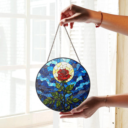 Red Rose with Moonlight Stained Glass Suncatcher Window Decor Gift for Mom
