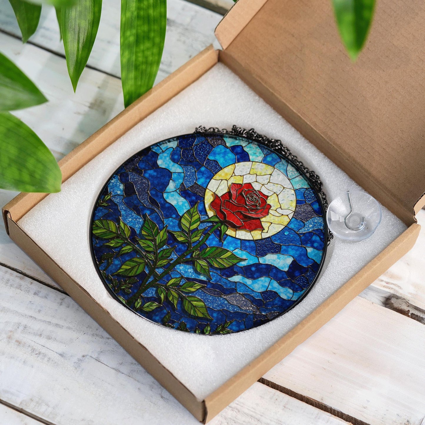 Red Rose with Moonlight Stained Glass Suncatcher Window Decor Gift for Mom