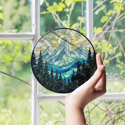 Mountain Sun and Forest Suncatcher Stained Glass Art Gift for Nature Lover
