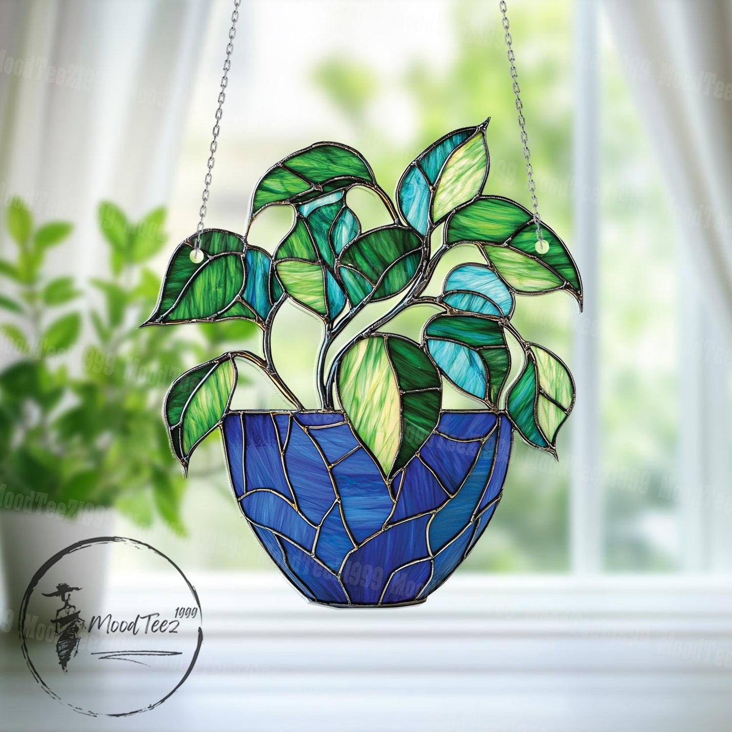 Potted Plant Window Hanging, Handcrafted Leaf Window Decor, Colorful Greenery and Blue Pot, Unique Home Plant Gift