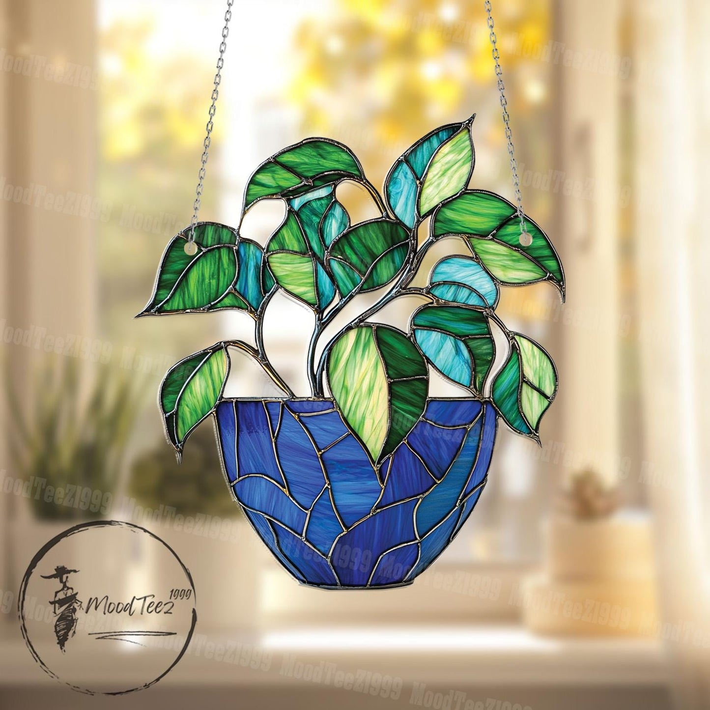 Potted Plant Window Hanging, Handcrafted Leaf Window Decor, Colorful Greenery and Blue Pot, Unique Home Plant Gift