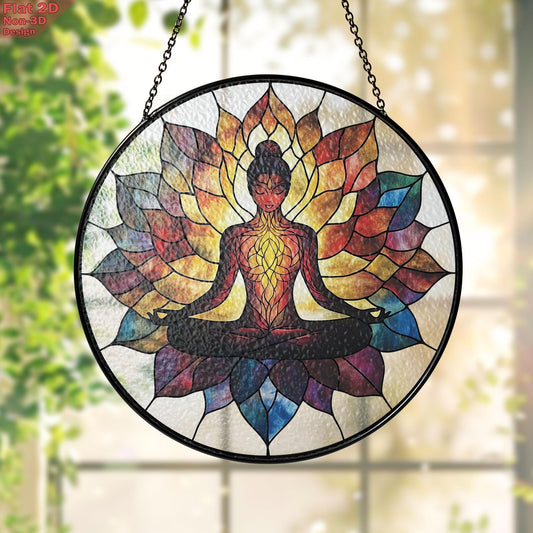 Meditation Stained Glass Suncatcher, Yoga Chakra Window Hanging, Lotus Mandala Decor, Mindfulness Gift, Zen Art, Gift for Mom, Mothers Day