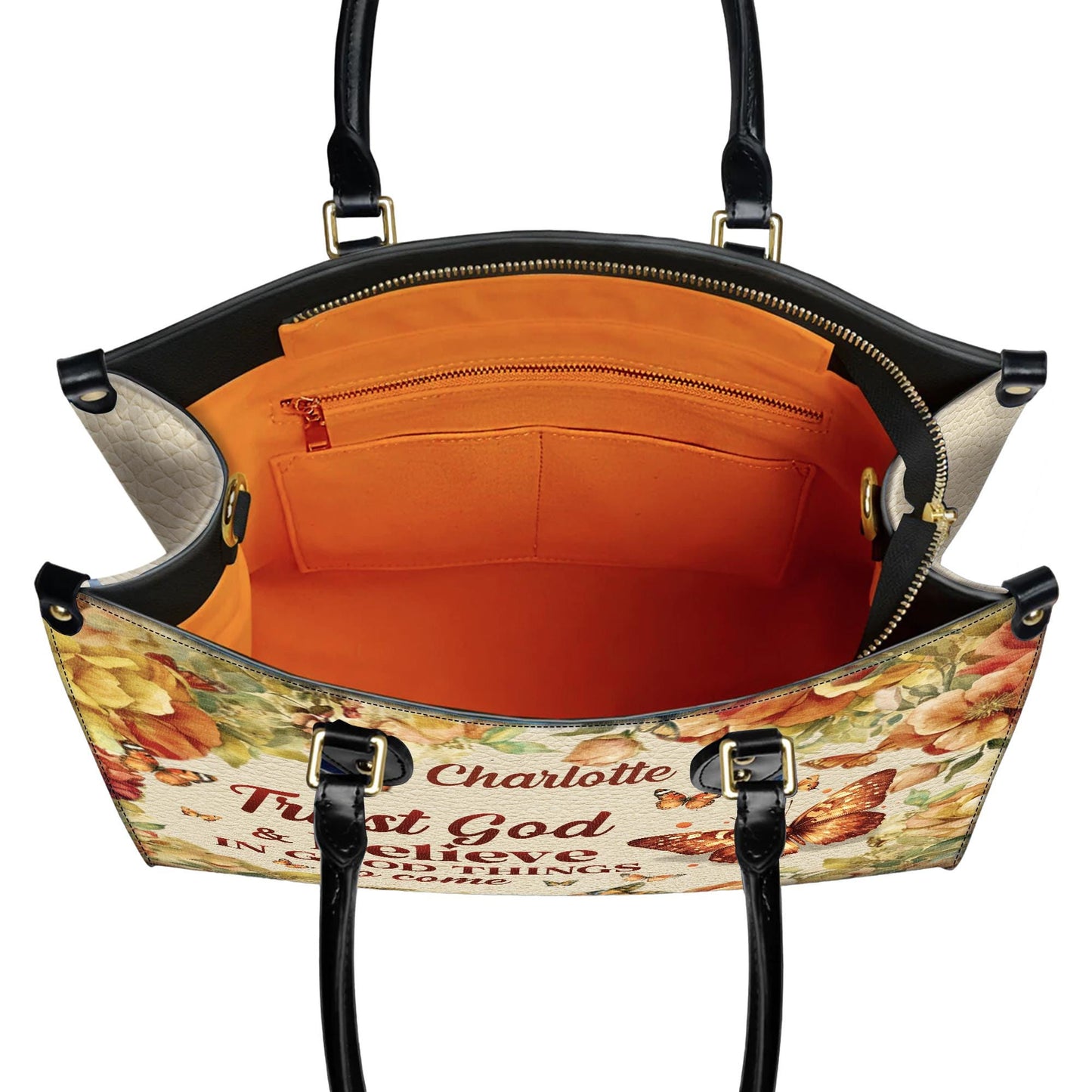 Personalized Leather Handbag Custom Name, Christian Gift, Gifts for Women, Trust God & Believe Floral Bag, Butterfly and Flower Design