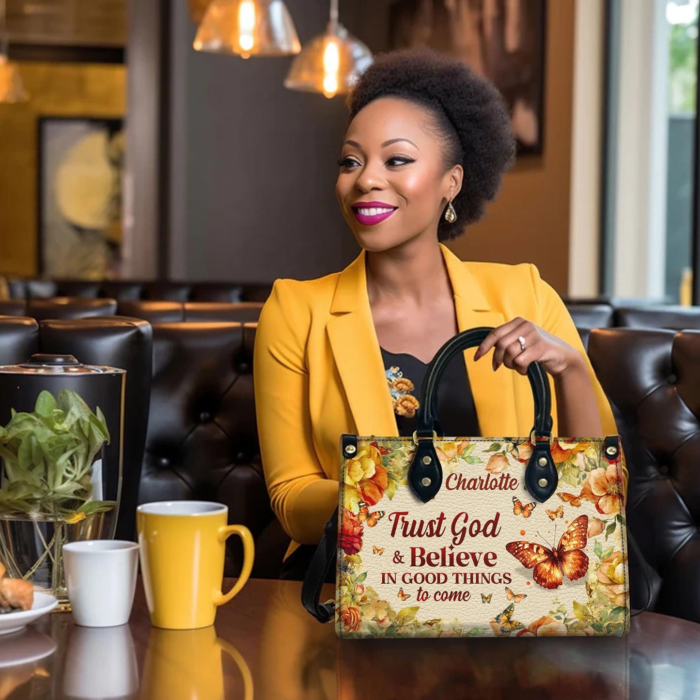 Personalized Leather Handbag Custom Name, Christian Gift, Gifts for Women, Trust God & Believe Floral Bag, Butterfly and Flower Design